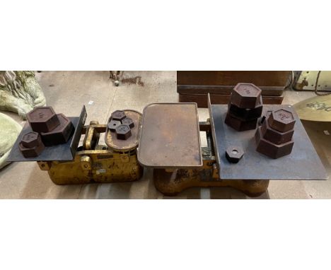 A set of G.P.O. SC 9MK 11 weighing scales with weights and another G.P.O. weighing scale with weights