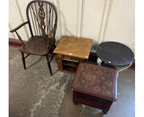 An oak lamp table, commode, occasional table and a wheelback armchair