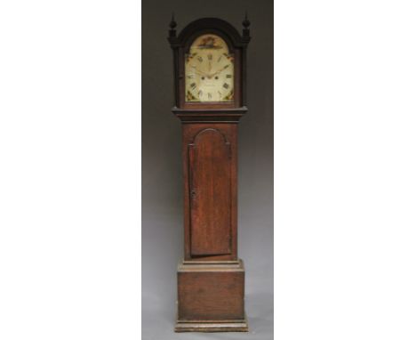 An oak cased longcase clock, 19th century, the hood with rounded top and brass finials, the trunk with single door, on plinth