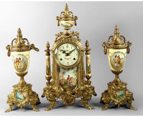 A Continental gilt metal and porcelain mounted clock garniture, 20th century, the clock with urn finial, the body of domed to