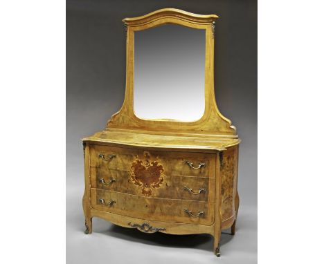 A French mirror back walnut inlaid bow fronted commode, 20th century, the top with recessed central marquetry, above three lo