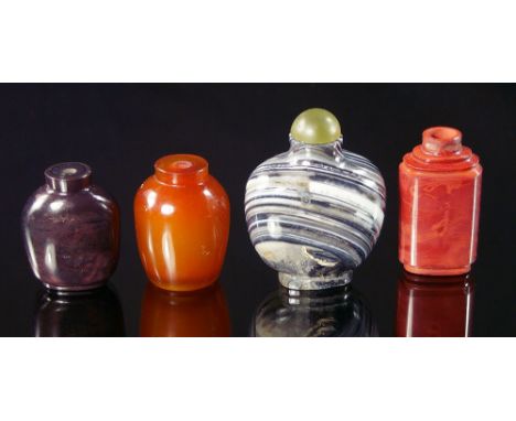 A Chinese banded agate snuff bottle, 19th/20th century, carved in the round, on cylindrical foot, jade stopper, 8 cm high; to