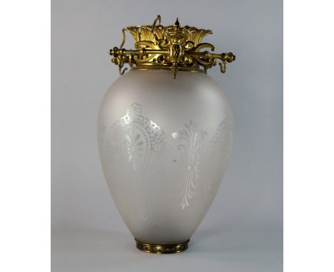 A French glass and gilt metal hall lantern late 19th century/early 20th century, with a pierced foliate corona and ornate hoo