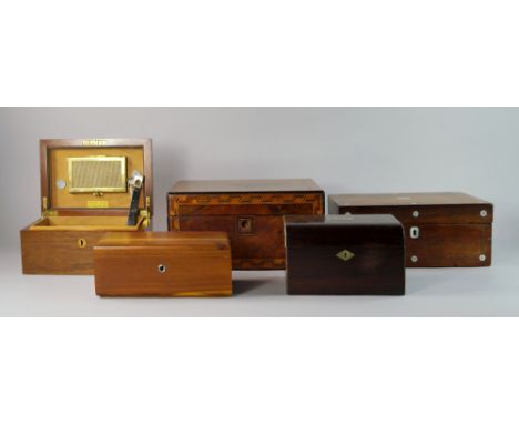 A Victorian walnut writing slope, inlaid with decorative bands to imitate folded ribbon, 30cm wide, together with a mother of