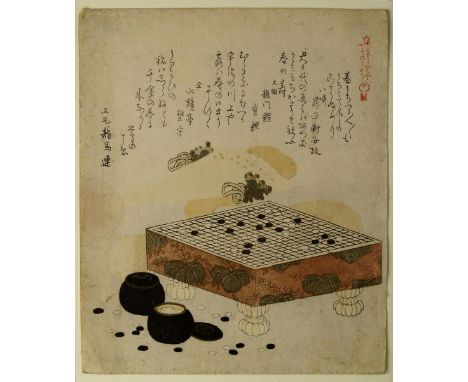 Kubo Shunman (1757-1820)A Go Game Board, Fan and Playing Pieces, poem possibly by Shunkotei, Ryurinsha Kuranushi and Ryuen, s