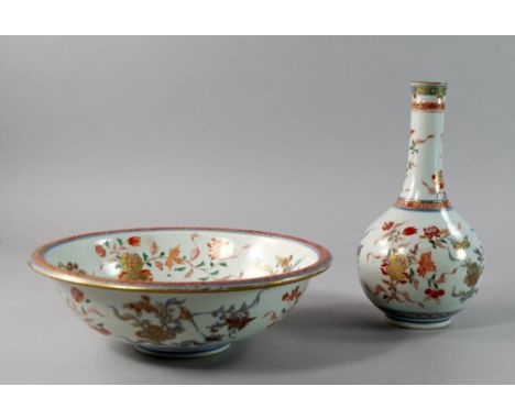 A Chinese porcelain bowl, 18th century, painted in the Imari palate to the interior and exterior with sprays of flowers and b