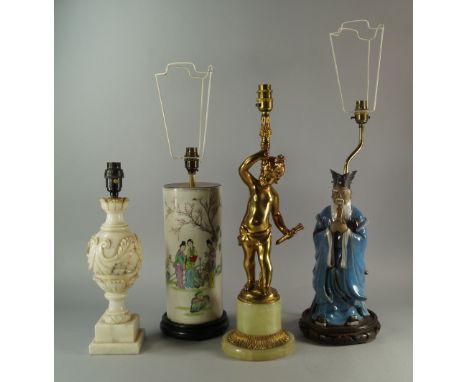 A collection of various lamps, 20th century, to comprise a five light chandelier the support made of a cherub, a Chinese cyli