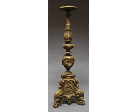 An Italian carved wood altar candlestick or torchere, 19th Century, carved in Renaissance style, 137 cm high