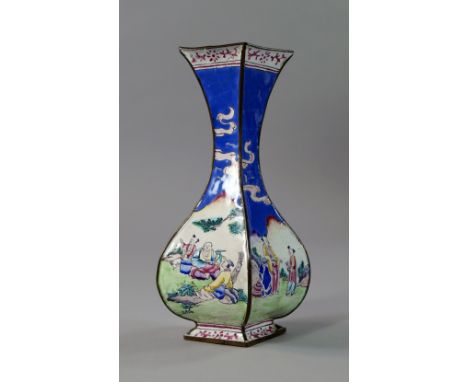 A Chinese enamel square bottle vase, 19th century, painted with panels of figures in gardens, with mountains behind under blu