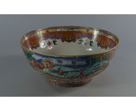 A Chinese export porcelain bowl, 18th century, painted to the interior with a panel of a huntsman with his hounds, the exteri