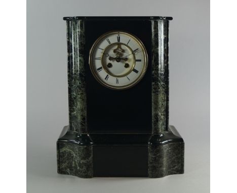 A French slate and marble mantel clock, late 19th century, the rectangular case of moulded form with plinth base, with a whit