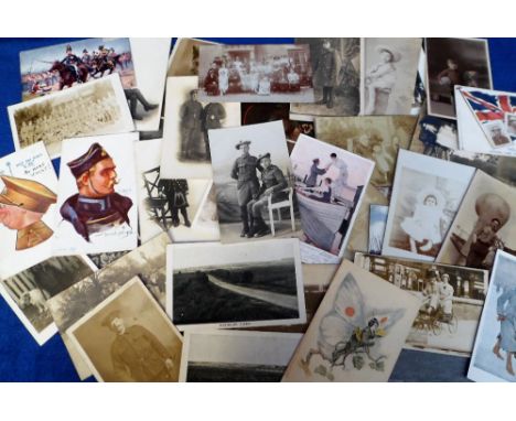 Postcards, a social history and military mix of approx. 45 cards inc. RP's of children, portraits, toy coach (photographers p