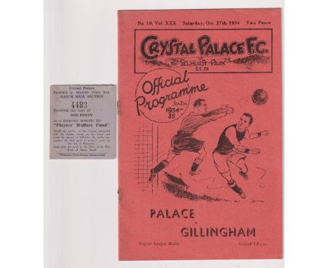 Football programme, Crystal Palace v Gillingham, 27 October 1934, Division 3 (South) with Crystal Palace Players Welfare Fund