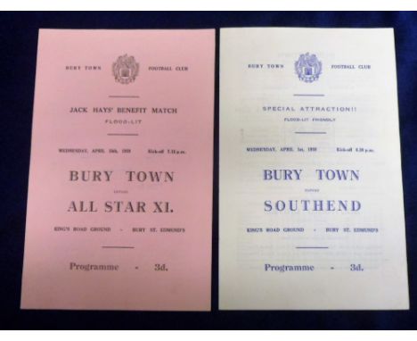 Football programmes, Bury Town v Southend 1 Apr 1959 Flood-Lit Friendly (small stain o/w gd) together with Bury Town v All St