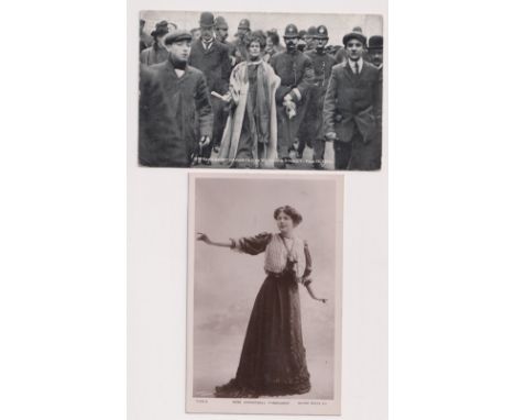 Postcards, Suffragette, Christabel Pankhurst, 2 cards, one showing her arrest in Victoria St 13 Feb 1908 (printed) &amp; full