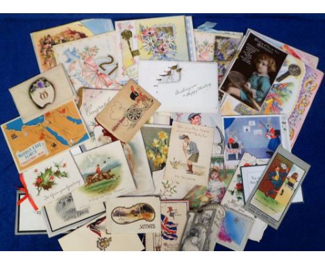 Greetings Cards, 40 cards late 19th to mid 20thC to include die cut, embossed, deckle edged, ribbon tied, mechanical. Subject