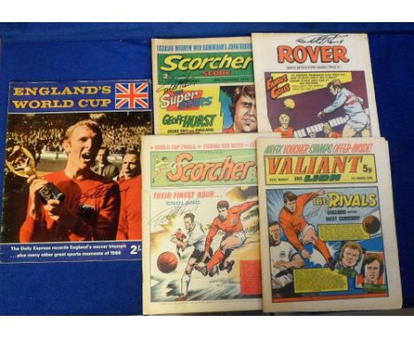 Football autographs, Geoff Hurst, West Ham &amp; England, five magazines / comics, all signed to the front cover, Daily Expre