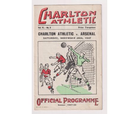 Football programme, Charlton A v Arsenal, 20 November 1937, Division 1 (gd) (1)