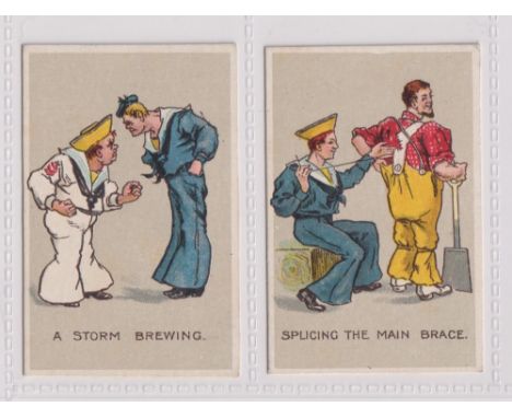 Cigarette cards, H.J. Nathan, Comical Military &amp; Naval Pictures (White border), two cards, 'A Storm Brewing' &amp; 'Splic