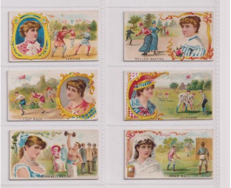 Cigarette cards, USA, Goodwin's, Games &amp; Sports Series, 6 cards, Dumb Bell Raising, Foot Race, Fencing, Hand Ball, Lacros
