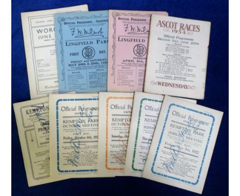Horse Racing, Racecards, 9 racecards, 7 1920's, 1 1934 &amp; 1 1940, Kempton Park 1922 (x6) includes Queen Elizabeth Handicap