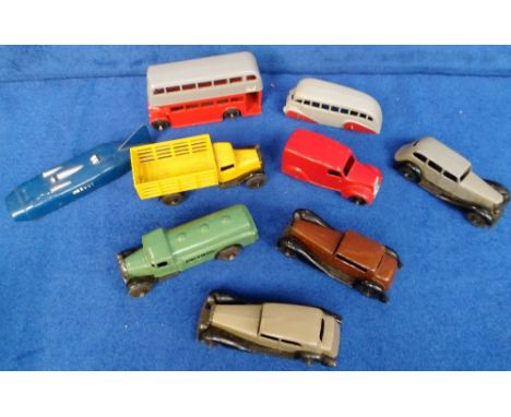 Toys, 9 vintage Dinky Vehicles, to include Market Gardener's Lorry, Streamline Bus 29b, van 280, petrol tanker, double decker