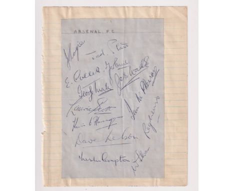 Football autographs, Arsenal FC, 1949/50, sheet of 13 original ink signatures mounted on exercise book page inc. Male, Scott,