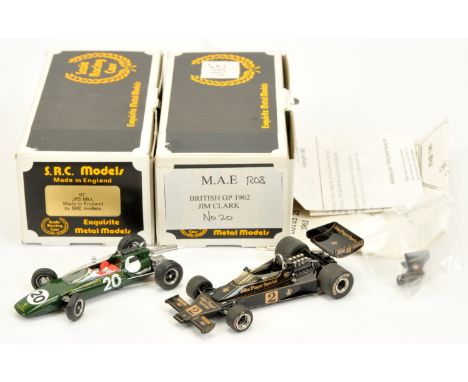 A group of 1/43rd scale white metal models - (1) M.A.E R08 British GP 1962 Jim Clark racing number 20; (2) 07-81 JPS MKI  by 
