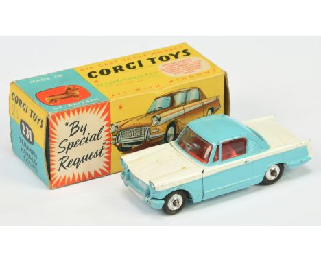 Corgi 231 Triumph Herald Coupe - two-tone white, light blue, red interior, silver trim, chrome spun hubs - Good in Good Plus 