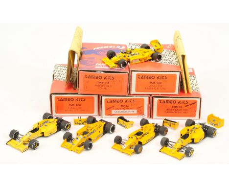 Tameo Kits 1/43rd scale white metal group of models to include (1) TMK64 Lotus Honda T99b G.P Giappone 1987- top wing is deta
