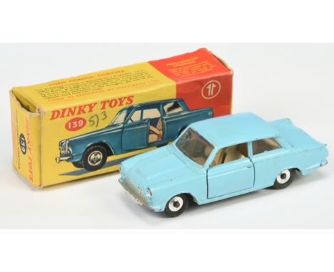 Dinky 139 Ford Consul Cortina - light blue, pale beige interior, silver trim, chrome spun hubs with black treaded tyres - Goo