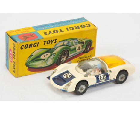 Corgi No.330 Porsche Carrera 6 - White, blue including doors and bonnet, amber engine cover, cast hubs, racing number 60 - Fa
