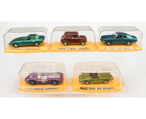 Pilen group of (made in Spain) cars - Including (1) M.317-Seat 850 Spider; (2) M 345-Opel Manta; (3) M.303 Porsche Carrera 6 