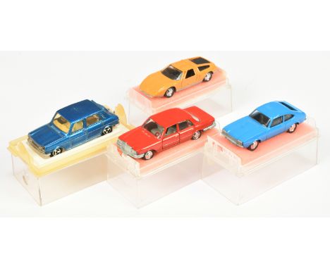 Schuco (Germany) 1/66th scale group of models - (1) Simca 1100 234; (2) 301 866 Mercedes 350 SE; (3) 301 874 Ford; (4) 301 82