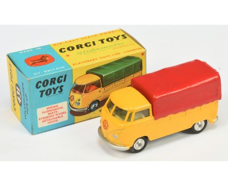 Corgi 431 Volkswagen Pick-up - light orange, yellow interior, red plastic cab, spun hubs - Excellent Plus in Good box.