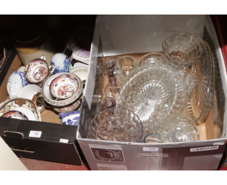 Two boxes of miscellaneous including glasswares, stoneware storage jars, Noritake, advertising tin, compact camera, blue and 