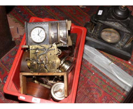 A Victorian slate mantle clock, along with a box of clocks/clock parts etc.