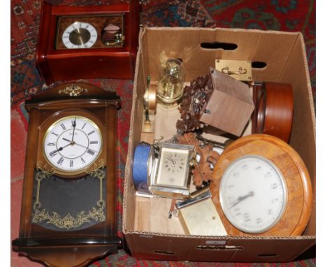 A box of clocks to include Quartz Acctim wall hanging clock, quartz WM Widdop mantle clock etc.