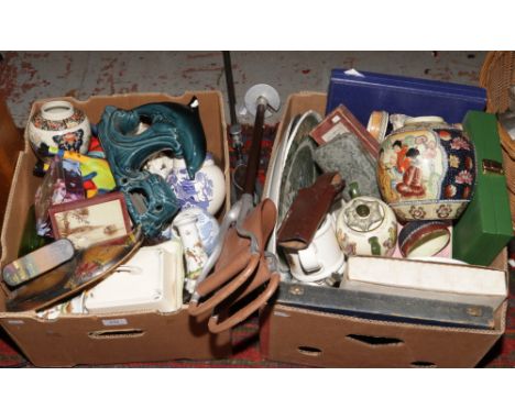 Two boxes and a basket of miscellaneous to include Poole, Royal Doulton, Masons, shooting sticks etc.