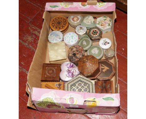 A box of trinket boxes to include Wedgwood ceramic, wooden, marble example etc.