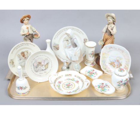 A tray of ceramics to include Lladro figure of a woman and rabbit (damage to rabbits foot) two Capodimonte figures, Coalport 