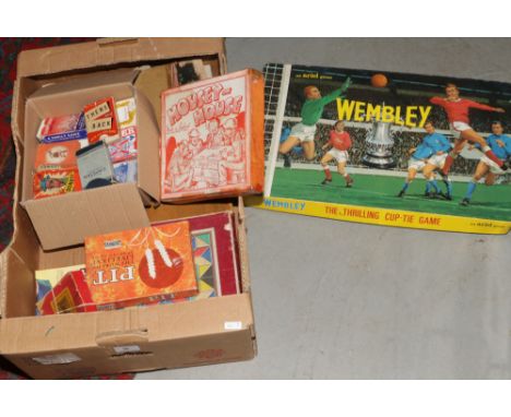 A box of vintage board games including Wembley, Bug, Sorry, Housey - House etc, along with a quantity of playing cards.