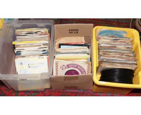 Three boxes of 45rpm singles to include Elvis Presley, Rolling Stones, Dusty Springfield, Beatles, Iron Maiden etc.