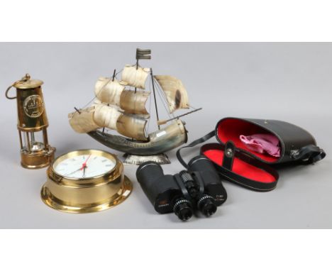 A group of collectables to include Eccles miners lamp, cased Chinon binoculars, musical horn ship, Acctim mariner clock.