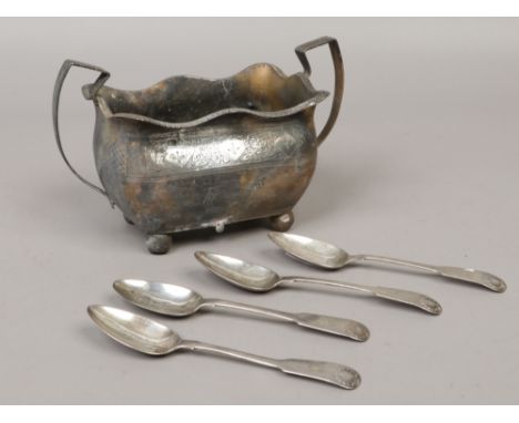 A George III Irish silver sucrier assayed Dublin 1812 by John Daly (damaged) along with four silver fiddle pattern teaspoons 