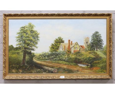 K. B. Marshall, a large gilt framed oil on canvas, rural landscapes with cottage, church and grazing cattle, dated 1980, 50cm