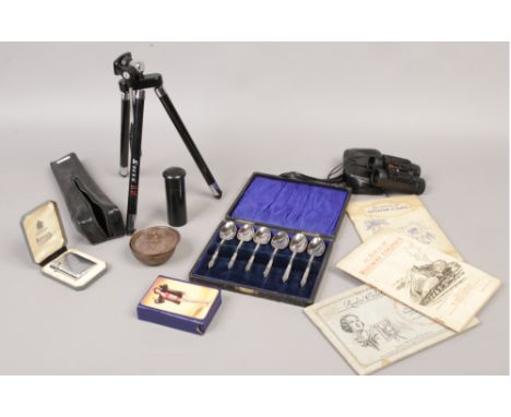 A group lot to include cigarette cards in albums, playing cards, Ronson lighter, tripod etc.
