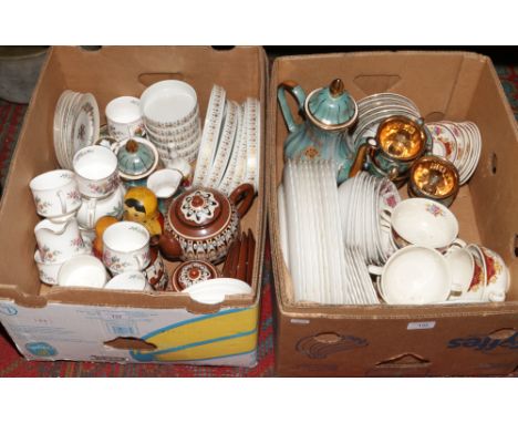 Two boxes of miscellaneous to include QEII Cunard Ridgway Steelite dishes, Paragon ceramics, Clarice Cliff commemorative ware