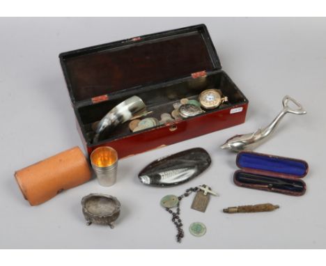 A lacquered glove box and contents of collectables to include yellow metal half hunter pocket watch, silver salt cellar, pre 