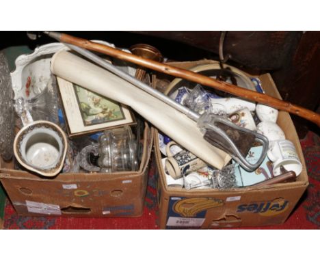 Two boxes of miscellaneous to include cut glassware, Masons, ordnance survey map of Tickhill, shooting stick etc.